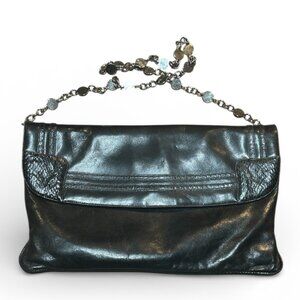 Vintage Ingledews Black Leather Clutch Silver Chain Strap Exotic Trim Cocktail